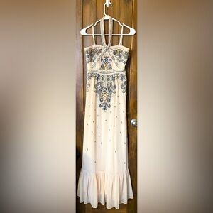 Altar'd State Cream Maxi Dress with Navy and Gold Embroidery